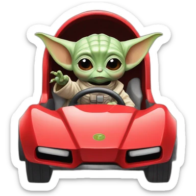 baby yoda driving a red ferrary in an astronaut suit in jurasic park sticker