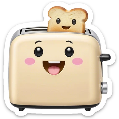 Cute Kawaii Toaster, tiny and square, soft pastel cream with a happy smile, chubby cheeks, two little toast slices popping out, giggling in excitement! sticker