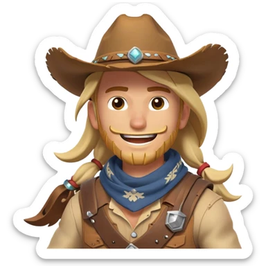 clash-of-clans-aesthetic_-cinematic-playful-cowboy-portrait-emoji, head-tilted with a roguish, cheeky grin and twinkling eyes, featuring a rugged, spirited build with a wide-brimmed cowboy hat and a weathered bandana on tan skin, riding a powerful galloping horse with dynamic flowing mane, reins gripped firmly in one hand and a lasso in the other, as dust swirls behind them in a vast desert landscape. sticker
