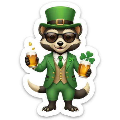 friendly anthropomorphised honey badger in a classic leprechaun suit with shamrock accessories, wearing sunglasses, St. Patrick's Day sticker