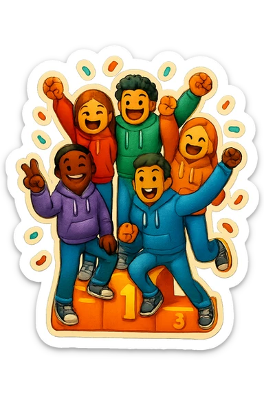 Change to a different pose and add confetti. Keep the group of five multi-racial people on a winners’ podium, no numbers, all in jeans and hoodies, excited, fun, expressive emoji style. sticker