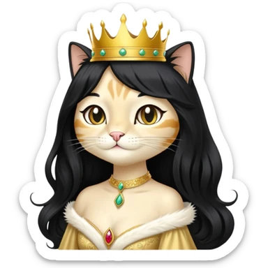 regal cat wearing a crown and elegant dress, long black wig sticker