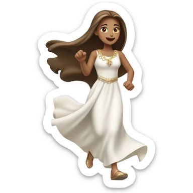 A princess with long brown straight hair and light skin running in a white dress with jewelry.  sticker