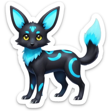 Rare realistic dark black with glowing blue bioluminescent edgy badass epic pretty beautiful handsome gorgeous aesthetic colorful vibrant Vernid-Umbreon-Trico-species-Fakemon-creature by LiLaiRa, 4 legs, 1 tail, random markings, (full body) sticker