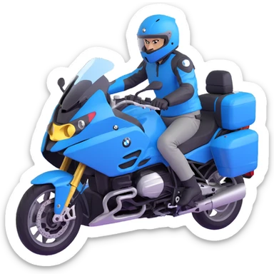 blue BMW RT1200 touring motorcycle with rider wearing helmet sticker