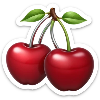 A pair of cherries emoji made of polished silver chrome, smooth rounded shapes, glossy metallic finish, soft highlights and reflections, cute proportions, iOS emoji style, centered, clean white background, no text sticker