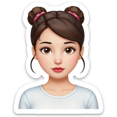 “Emoji brunette girl hair in bun white top, dewy skin, heavy blush across cheeks and nose bridge, glossy cherry lips, soft eyeliner, teary sparkling eyes like hanni from new jeans sticker