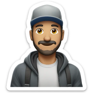 a Turkish man with a short beard and a snapback hat holding a big grey cat sticker