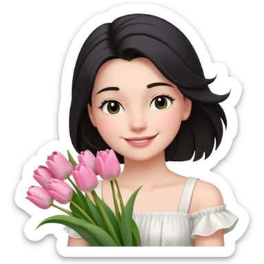  A girl Squint your eyes and smile with a black half-up half-down hairstyle, and a white dress, enjoying the spring breeze.Holding a bundle of pink tulips sticker