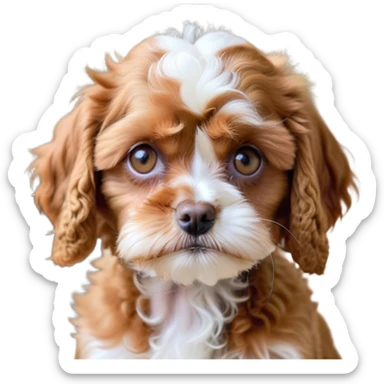 Cinematic Meme-Worthy Grumpy Apricot Cavoodle Portrait Emoji, Head held high but eyes filled with dramatic disappointment, smooth, curly apricot fur with striking white patches, deeply furrowed brow forming an unmistakable scowl, floppy ears slightly angled back in disapproval, piercing brown eyes glaring with pure exasperation, Simplified yet hilariously over-exaggerated features, highly detailed, glowing with an aura of supreme annoyance, high shine, exhausted yet judgmental, stylized with an almost regal pettiness, bright but brooding, soft glowing outline, capturing the essence of a companion that has seen it all and is thoroughly unimpressed, so meme-worthy it feels like it could instantly become the next viral sensation of grumpiness! sticker