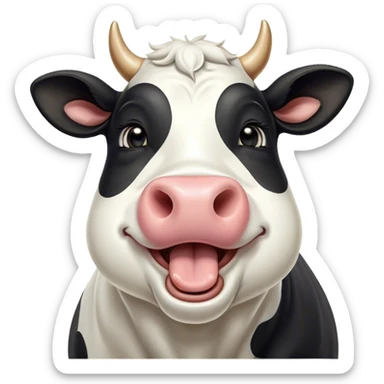 Cinematic Cute Yawning Black and White Cow Portrait Emoji, Head tilted slightly with a dramatic, wide-open yawn, showcasing a smooth, contrasting coat of black and white, floppy ears slightly drooping, round brown eyes barely open in drowsy contentment, Simplified yet irresistibly adorable features, highly detailed, glowing with a soft, cozy glow, high shine, relaxed yet expressive, stylized with a touch of modern whimsy, bright and endearing, soft glowing outline, capturing the essence of a sleepy yet affectionate cow, so drowsy it feels like it could stride out of the screen and curl up for a nap! sticker