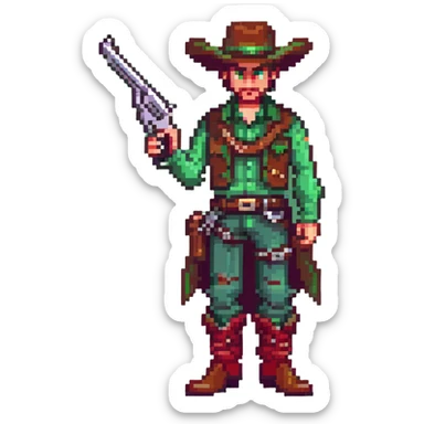 Green-clad cowboy character with revolver gun and boots sticker