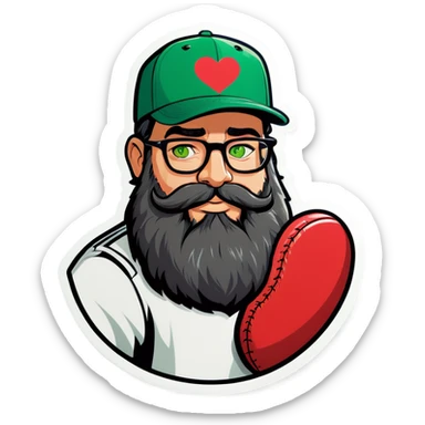A bold man with a grey baseball cap, green eyes, big beard and glasses holding heart sticker