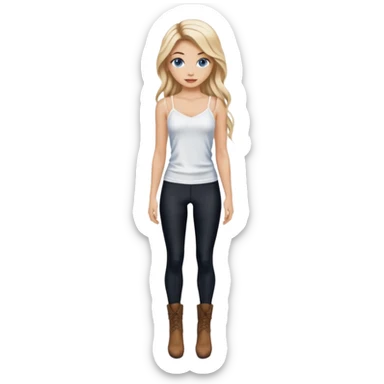2yk Blonde model silk balayage long hair herringbone braid women with blue eyes wearing White Spaghetti top and black Leggins and Boots with heels sticker
