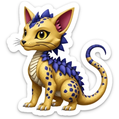 Egyptian scaly cute realistic with black rosette-splotches, scaley Bastet-Liepard-Noibat-Gatomon-Garchomp-Digimon-Fakémon-Pokémon-creature (full body) sticker