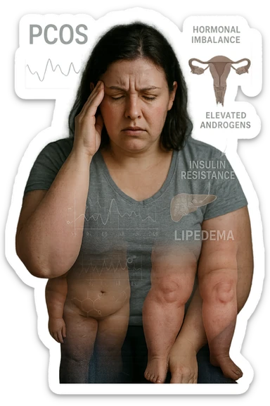 cinematic realistic in italiano Woman with PCOS struggling with hormonal chaos, transparent overlay showing elevated androgens and insulin resistance affecting her body, lipedema causing disproportionate fat accumulation in legs and arms despite normal torso, expression of frustration with unexplained weight gain, medical charts showing complex endocrine dysfunction, painful swollen limbs contrasting with metabolic confusion in italiano sticker
