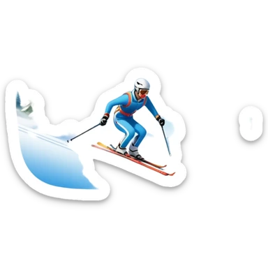 An icon featuring snowy peaks, pine trees, and a picturesque mountain landscape with a skier racing down a snow-covered slope, The sky is blue with soft clouds, capturing the thrill and beauty of alpine skiing. Transparent background highlights the excitement and serenity of winter sports. sticker