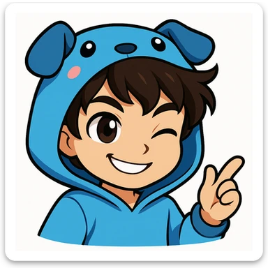 Edit the boy's face to have a flirty, winking expression, keeping the original cartoon style and quality consistent with chibi stickers style. sticker
