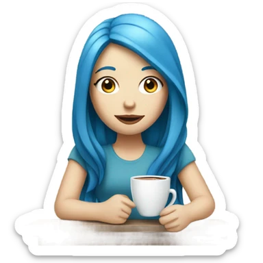 white skin girl with blue long hair drinking coffee sticker