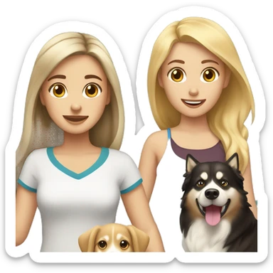 girl with blonde hair and girl with brown hair playing with husky and golden retriever sticker