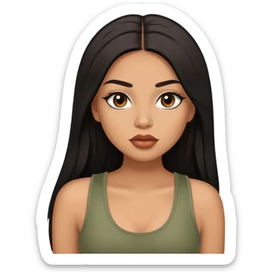 light brown skin tone, very beautiful woman, with big plump lips, long long lashes, black straight long hair, brown eyes, sage tank top sticker