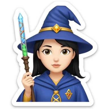 Female wizard with black hair holding a DNA wand sticker
