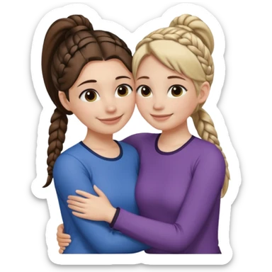 Comforting Hug two white skin women, one shorter woman with medium brown simple top ponytail, not braided, and one taller woman with a single long black side braid sticker