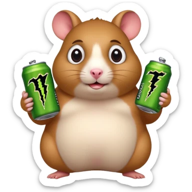 Funny cartoon-style fat hamster wide eyed holding a can of monster energy in one hand and redbull in the other hand sticker