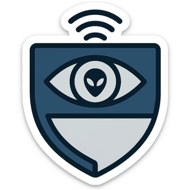 intelligence agency-style logo for extraterrestrial intelligence search, with a shield shape, stylized eye, radio waves, and subtle alien motif, in dark blue and silver sticker