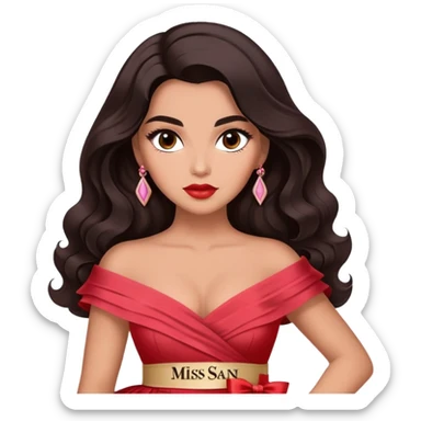 A woman with canela-toned skin, dark voluminous hair in waves, expressive eyes with soft lashes and shimmer, full lips with a glossy nude-pink color, wearing a red dress and a white sash with “Miss San Juan” in black letters, exuding elegance and confidence sticker