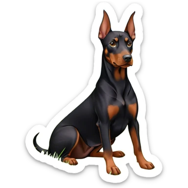 Close-up of a Doberman Pinscher sitting on lush green grass, looking alert and majestic. The background features a beautiful, serene nature view with rolling hills and bright blue skies. The dog’s sleek black and tan coat shines under the sun. Transparent background. sticker