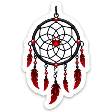 Blood-red, bloody, obsidian-black, edgy, dream catcher, red gemstones, black wires, black threads, tiny skulls, sticker