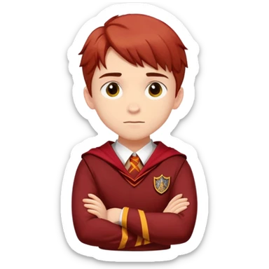 A teenage boy slightly to the side looking forward with crossed arms wearing the Gryffindor uniform sticker