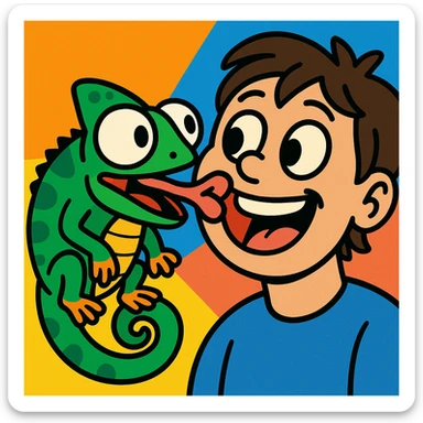 funny comic style chameleon with large eyes sticking out its tongue to lick a person's cheek sticker