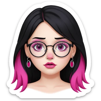 gothic pale girl, nose and lip piercings, long black hair with pink ends, heavy eye makeup, glasses, voluptuous chest sticker