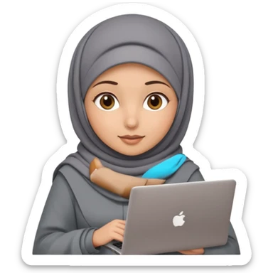A girl wearing a gray hijab and with hazel eyes is carrying a laptop, not a laptop, just a regular laptop. sticker