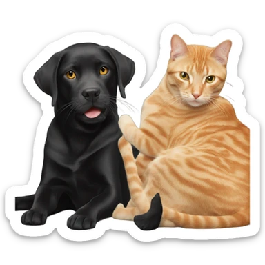 blonde orange tabby cat playing with black lab sticker