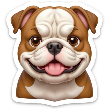 Cinematic Comical Brown and White English Bulldog Portrait Emoji, Head tilted dramatically with an exaggeratedly amused expression, featuring a striking brown and white coat with a bold pattern, wide, expressive brown eyes filled with playful disbelief, Simplified yet hilariously expressive features, highly detailed, glowing with a slightly sassy glow, high shine, dramatic yet playful, stylized with an air of cheeky defiance, bright and endearing, soft glowing outline, capturing the essence of a spirited and over-the-top guardian, so meme-worthy it feels like it could side-eye its way into internet fame instantly! sticker