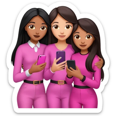 3 brown girl friends with a phone on their hand, one with black long hair light skin,  one with brown hair long and the other one with black with brown medium length hair . Wearing pink glammed up and hugging  sticker