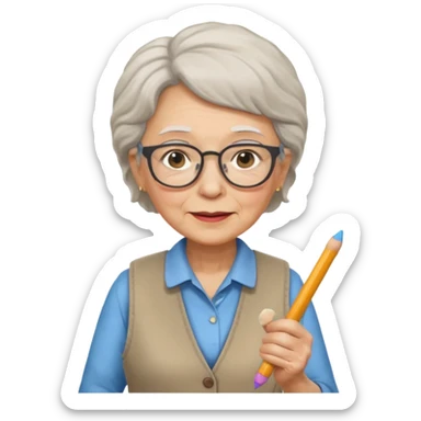 woman teacher, old, wearing vest, wearing glasses, hold chalk on their hand sticker