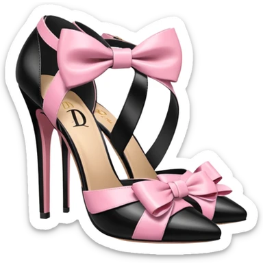 Strappy pink and black high heels with bows on front with “d” logo on them sticker