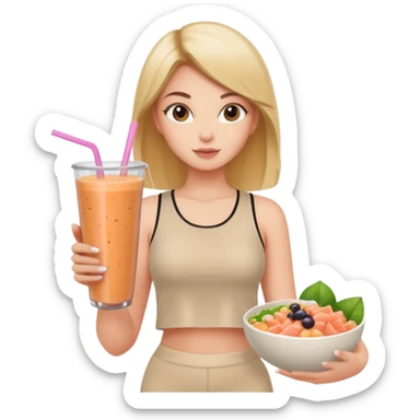 a young woman in a beige top and leggings and white sneakers with a passion fruit smoothie in one hand and a salmon poke bowl in the other hand sticker
