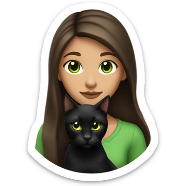 Girl with long brown hair and green eyes holding an all black cat sticker