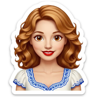 Artistic woman in her 40s with bright complexion, round face, big lively light brown eyes, wide friendly smile, vibrant red lips, voluminous wavy dark blonde hair with highlights to shoulders, white summery dress with blue embroidery and electric blue neckline sticker
