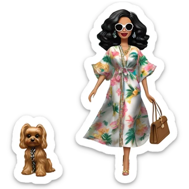 Palm Beach Breeze Barbie, teen Wednesday Addams ,walking by the pool, white skin, full body visible, wavy hair,handbag, aloof,eyeshadow,earrings,open flowing floral caftan,small 2 piece, sunglasses on top,heels,holding yorkie Miss Thang sticker