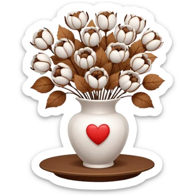 a bouquet of cotton flowers with brown dried petals, in a white ribbed vase on a white tray. next to it is a figurine in the form of a white heart sticker
