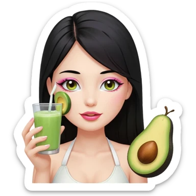 Long black hair with no bangs, straight hair, pretty face. Wearing white halter top. Pink blushed cheeks, long lashes, pin glossy lips. One eyes with wink. One hand with avocado juice.d sticker