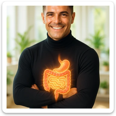 Create a semi-realistic, wellness-themed image of a fit 30-year-old man inspired by the reference image. Show a glowing stylized healthy intestine with a vibrant and clean gut. The man is smiling and radiating health. The background is a bright minimalistic health clinic or natural setting with soft natural lighting, conveying wellness and vitality atmosphere. sticker