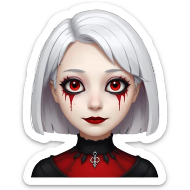 female, unnatural eye color with veiny eyes, sickly skin texture combined with an unnatural creepy smile, liminal setting that feels wrong, uncanny eerie art style, scary femme fatale, bob cut, mole under eye, white hair, red iris, black mascara, black eyeshadow, Gothic white skin, sticker