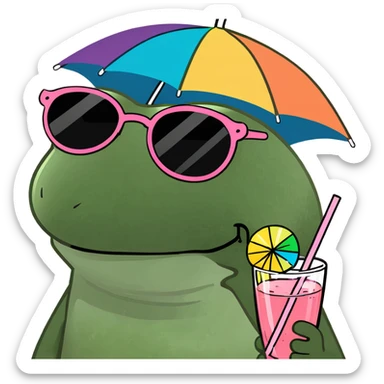 Bufo frog in a jumping pose, with rainbow umbrella hat, round sunglasses, holding a pink cocktail with a straw, classic Bufo meme style sticker